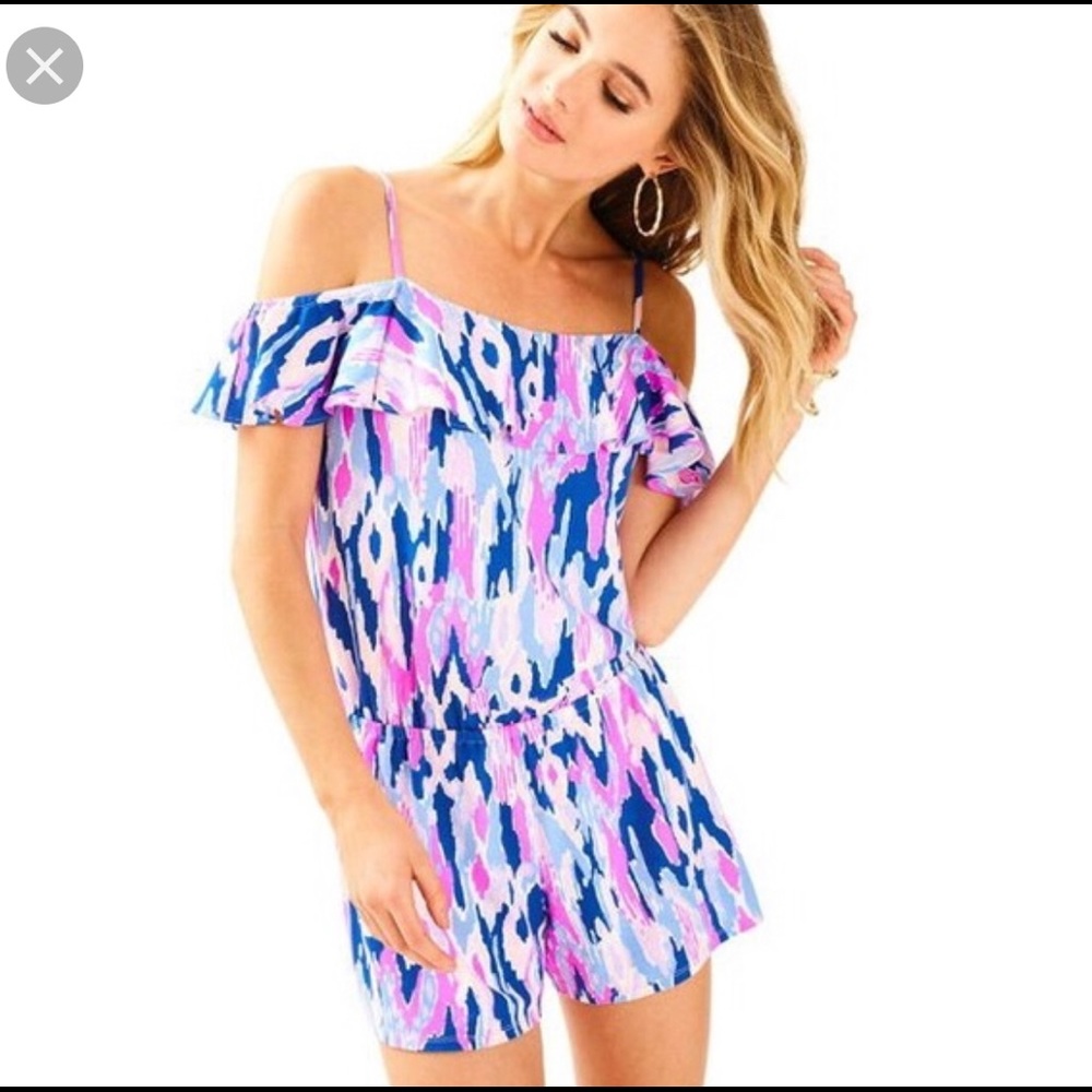 Lilly Pulitzer Pink, Blue and White Off-Shoulder Printed Romper with Ruffle
